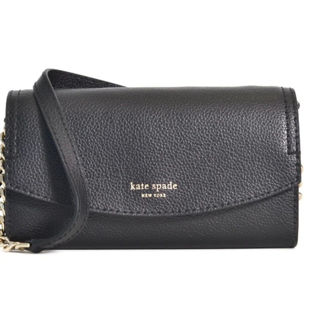 NEW! Kate Spade Eva Wallet On A Chain – Black Pebbled Leather